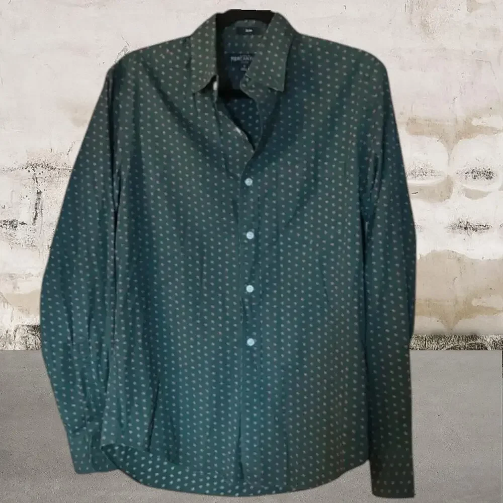 J. Crew Men's Green Button Down Slim Shirt with Geometric Pattern Size Small